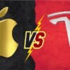 Apple iPhone and Tesla electric car side by side, highlighting innovation and technology competition