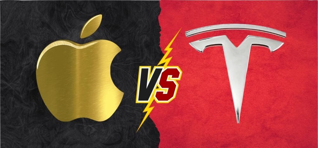 Apple iPhone and Tesla electric car side by side, highlighting innovation and technology competition