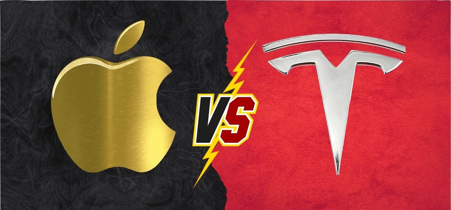 Apple iPhone and Tesla electric car side by side, highlighting innovation and technology competition