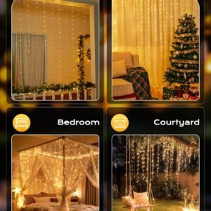 Brightown 300 LED Fairy Curtain Lights – Warm White USB String Lights with Remote 6 bed light