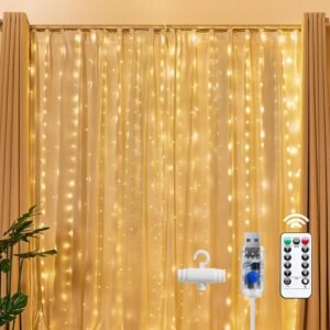 Brightown 300 LED Fairy Curtain Lights – Warm White USB String Lights with Remote