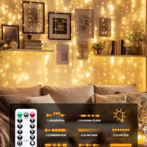 Brightown 300 LED Fairy Curtain Lights – Warm White USB String Lights with Remote 2 light 1