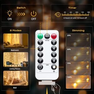 Brightown 300 LED Fairy Curtain Lights – Warm White USB String Lights with Remote 5 remote