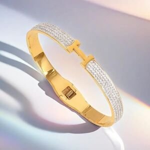 18K Gold Plated Letter Bracelet for Women, Stainless Steel Initial Bangle with Cubic Zirconia