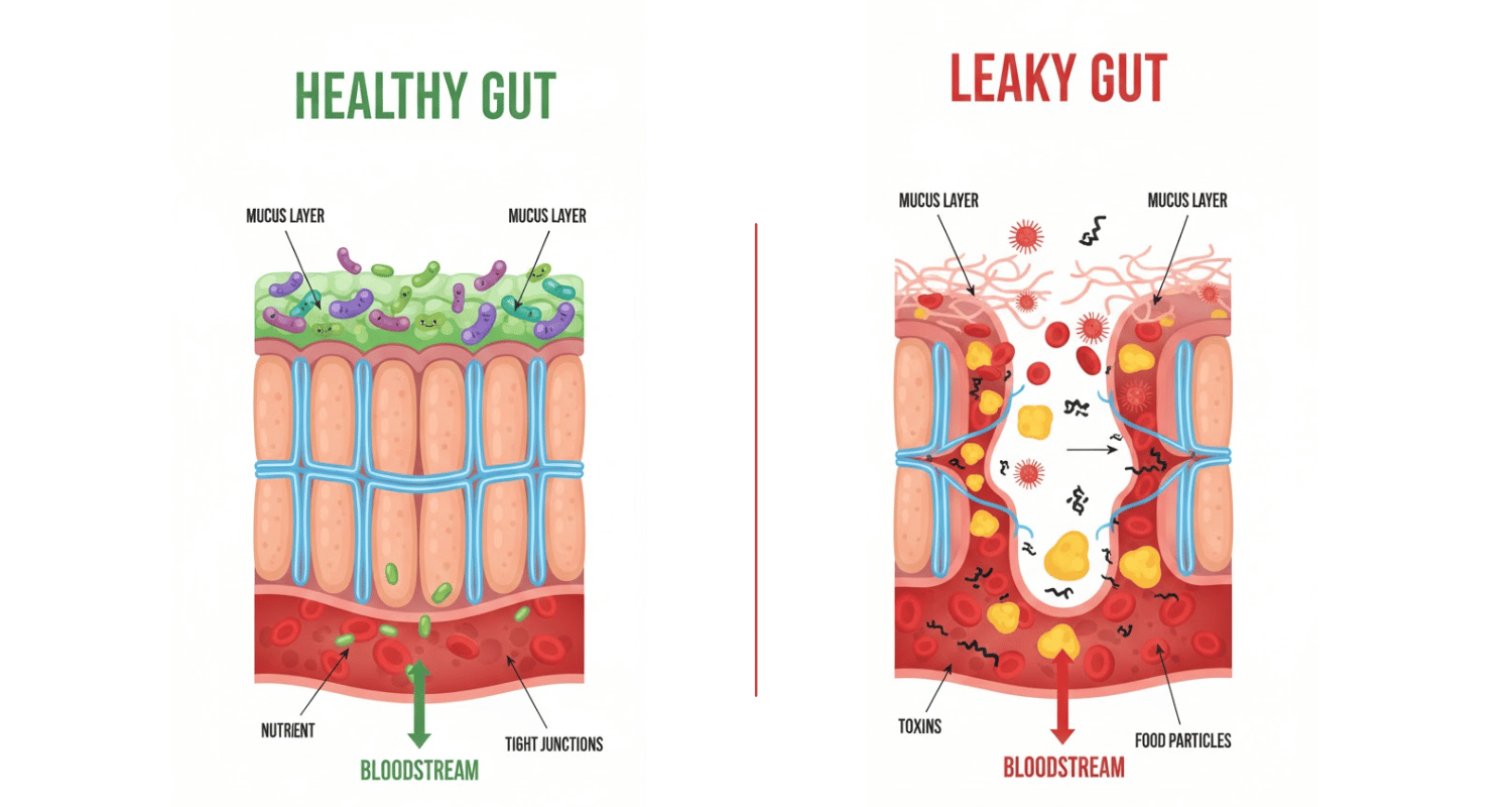 Gut Health Revolution: How Microbiome Research is Transforming Wellness in 2025 3 between a healthy gut lining and a leaky gut lining