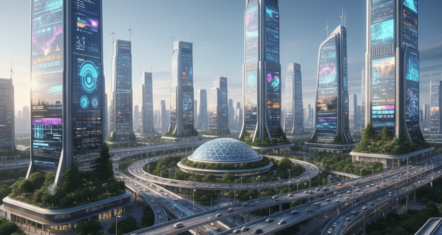 Sustainable green spaces and energy-efficient buildings in a smart city.