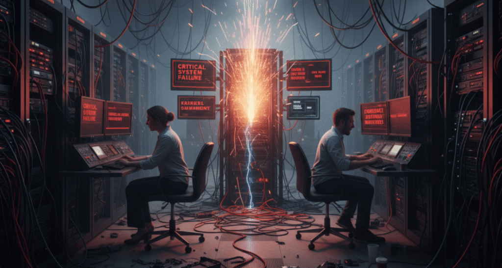 Amazon Web Services infrastructure, essential to cloud computing, impacted by AI bot issues.