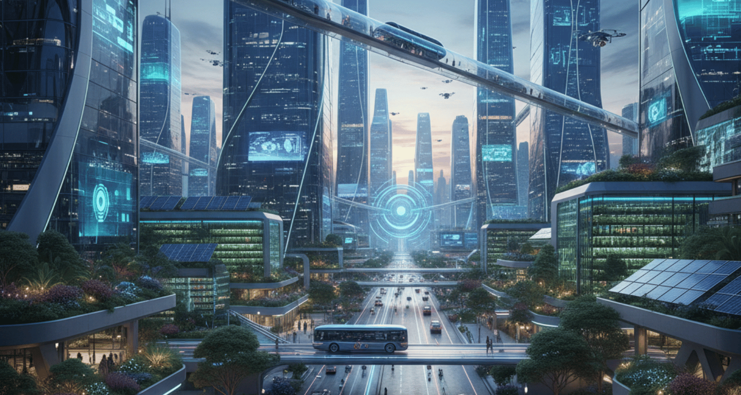 AI technology managing traffic flow in a smart city, improving mobility and reducing congestion.