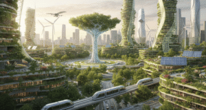 A smart city with IoT devices enhancing urban infrastructure and efficiency.