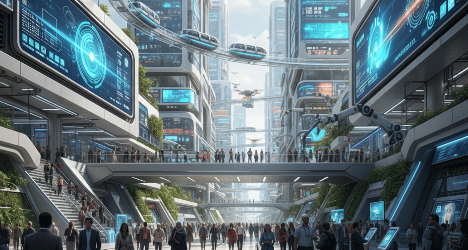 Visual representation of 5 AI technologies that will transform the future of humanity, focusing on automation, security, education, and transportation.