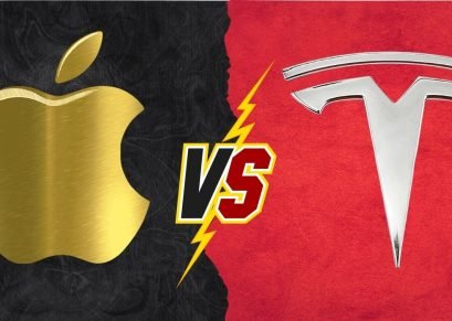 Apple iPhone and Tesla electric car side by side, highlighting innovation and technology competition