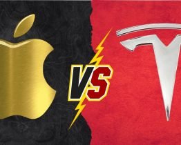 Apple iPhone and Tesla electric car side by side, highlighting innovation and technology competition